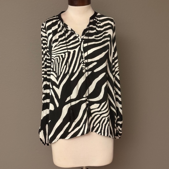 The Kooples Zebra Print Long Sleeve Woman's Tassel Tie Blouse Top Sz 3 / 8 Us - Picture 1 of 10